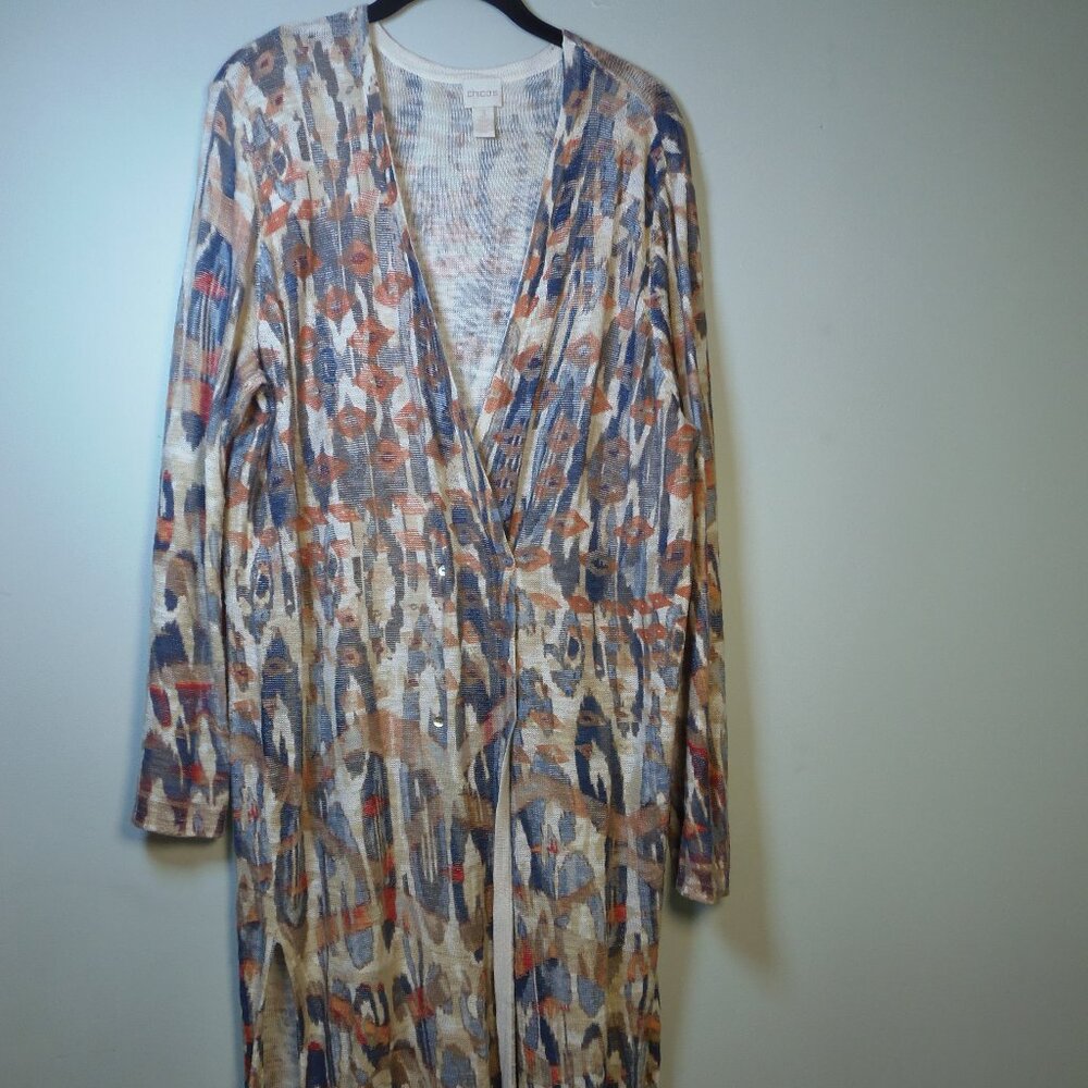 Chico's SZ‎ 3 Multi Colored Ikat-Like Double Breasted Long Sleeve DUSTER